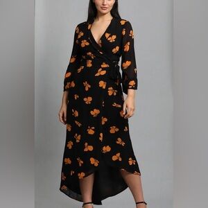 GANNI NWT Fairfax Georgette Wrap Dress Black Floral EU 36 US Small